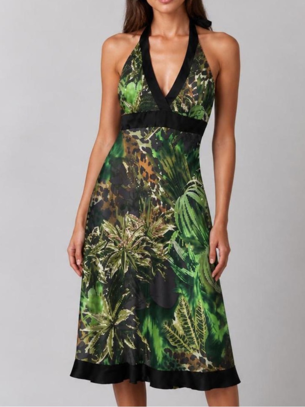 Cache Green Silk Tropical Print Halter Dress Vintage New /o Tags - Picture 4 of 10